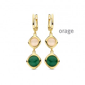 Boucles d'oreilles pendantes "cat eye" vert rose plaqué or jaune 