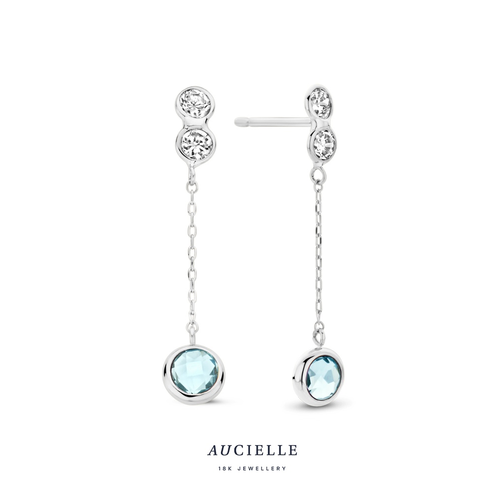 Boucles d'oreilles Or Blanc 18K pendantes topaze bleu & Oxyde de zirconium