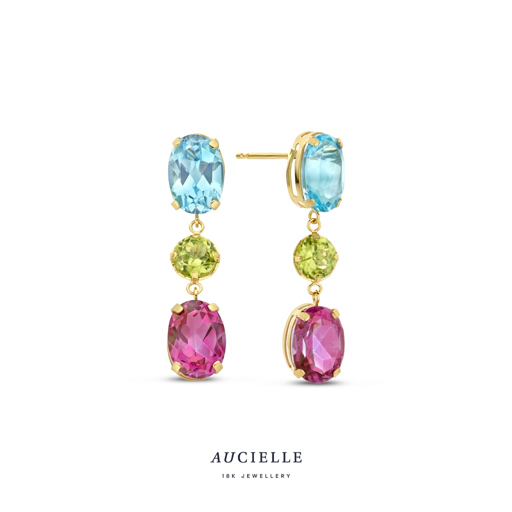 Boucles d'oreilles Or Jaune 18K topaze bleu, rose & péridot