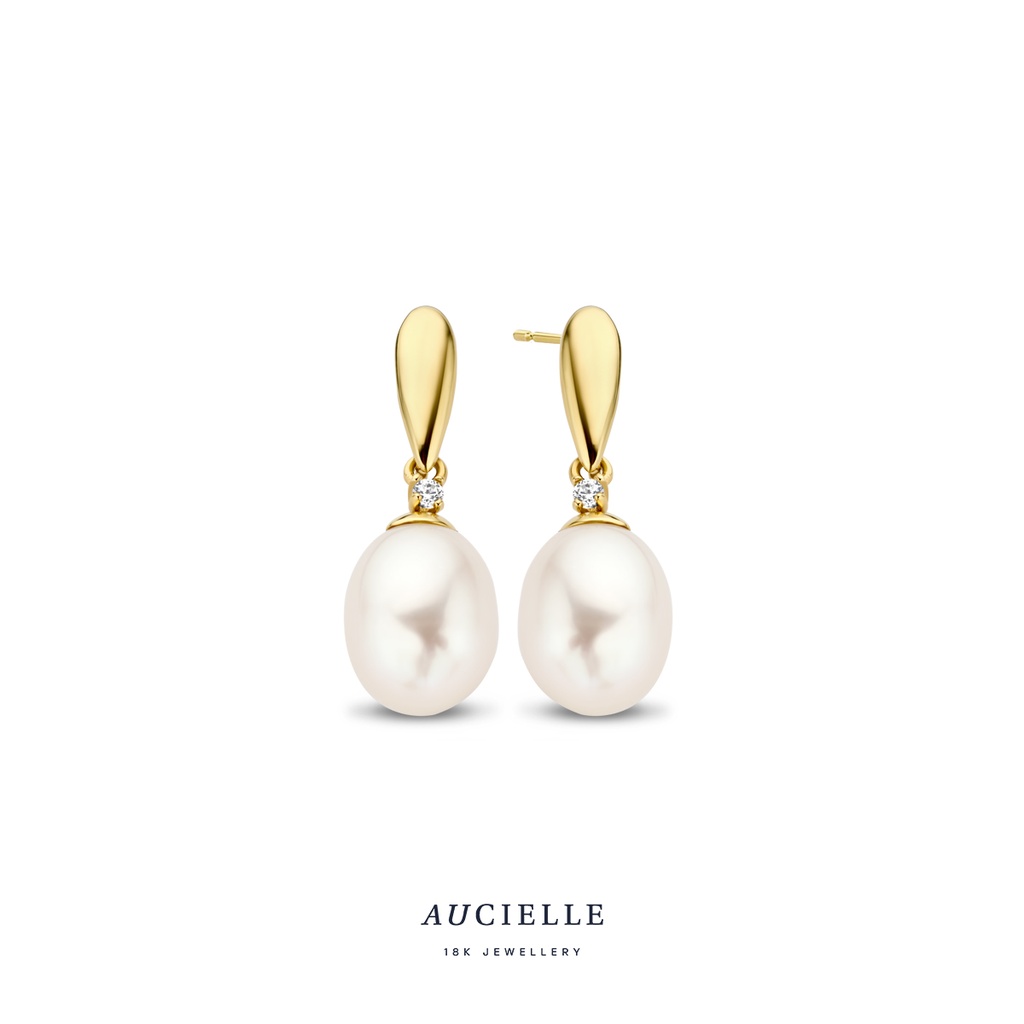 Boucles d'oreilles Or Jaune 18K pendantes perles et Oxyde de zirconium