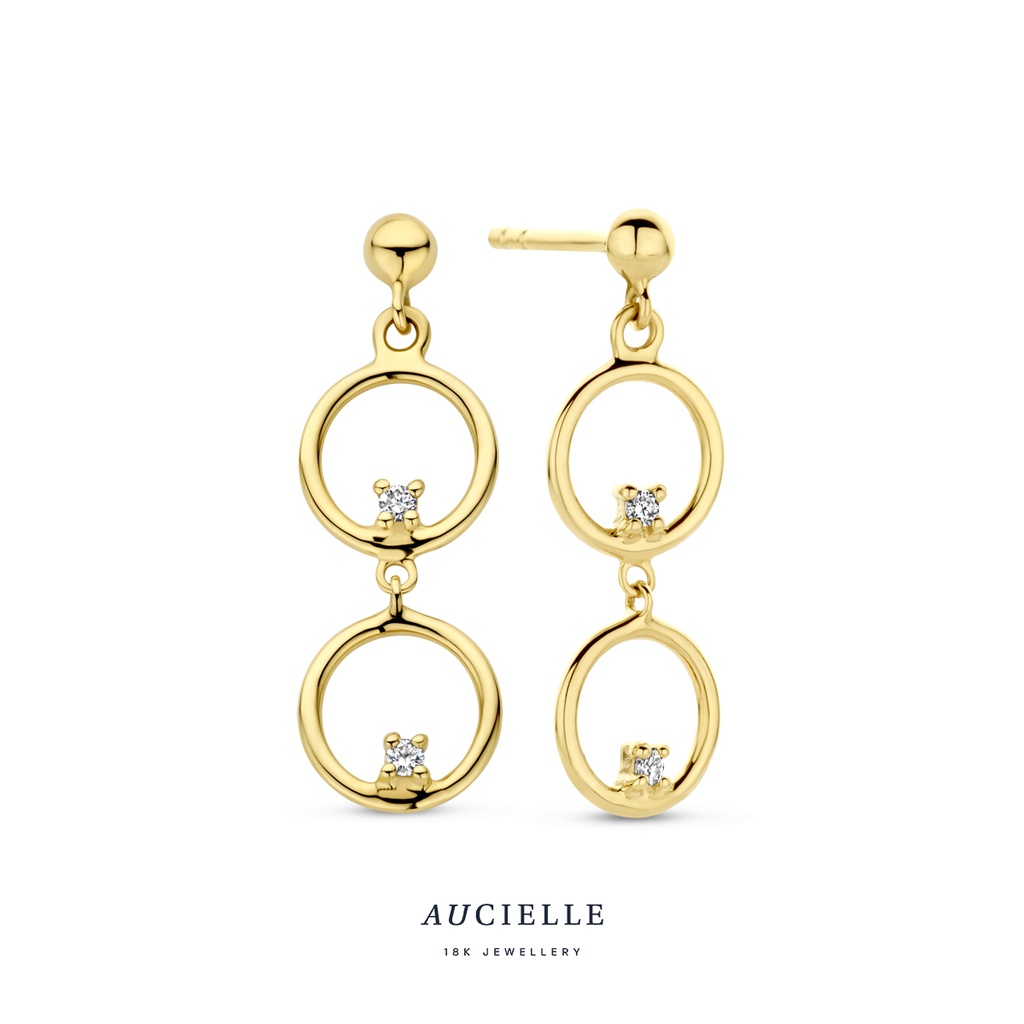 Boucles d'oreilles pendantifs 3 rondes Or Jaune 18K & diamant 0.06ct