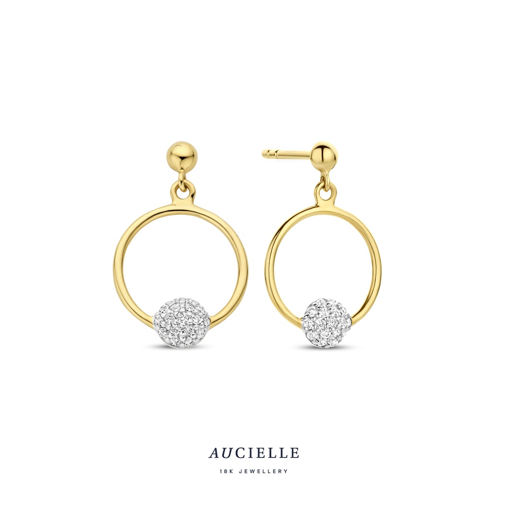 Boucles d'oreilles pendentif ronde Or Jaune 18K et diamants de 0.17ct