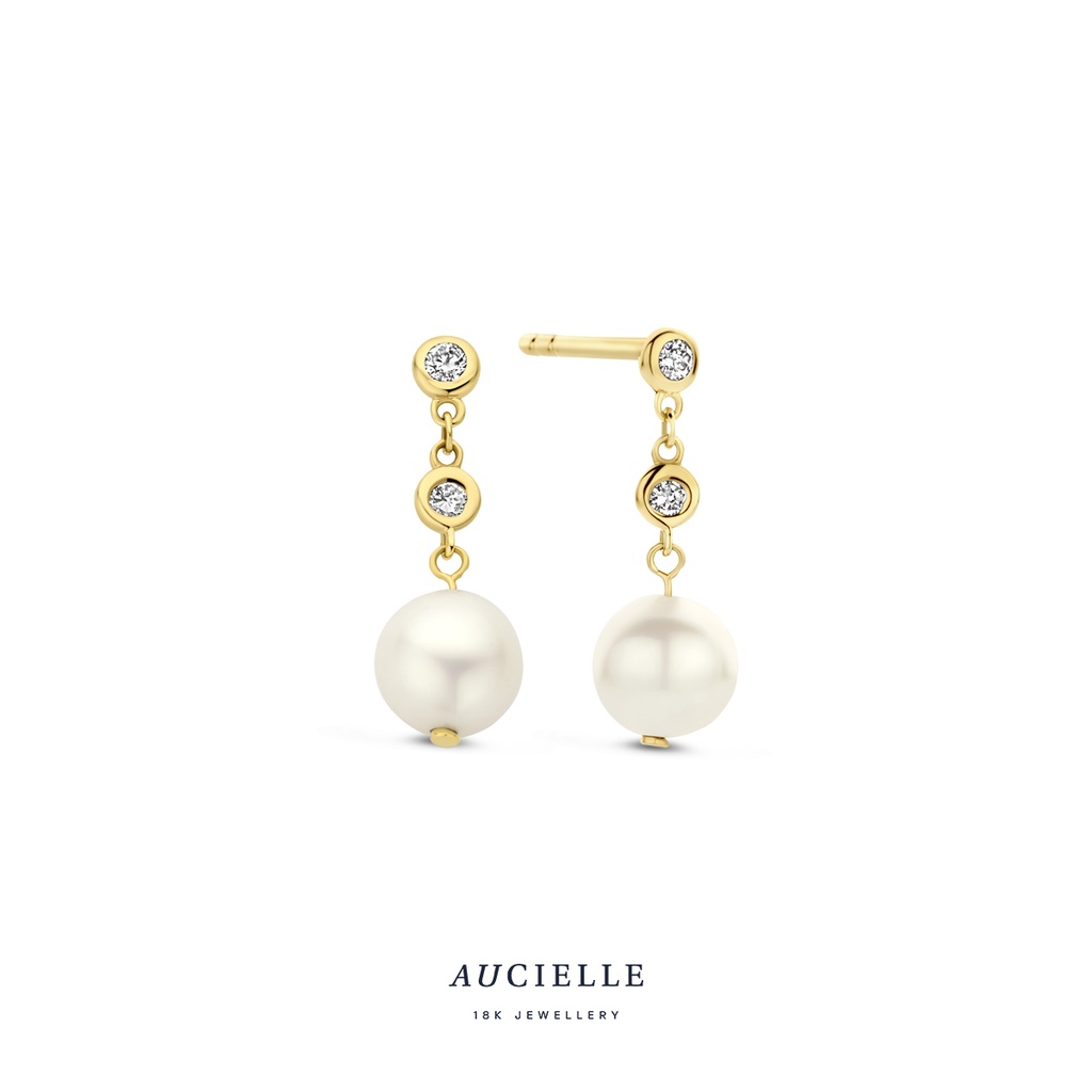 Boucles d'oreilles Pendantes Or Jaune 18K et diamants de 0.08ct et perles