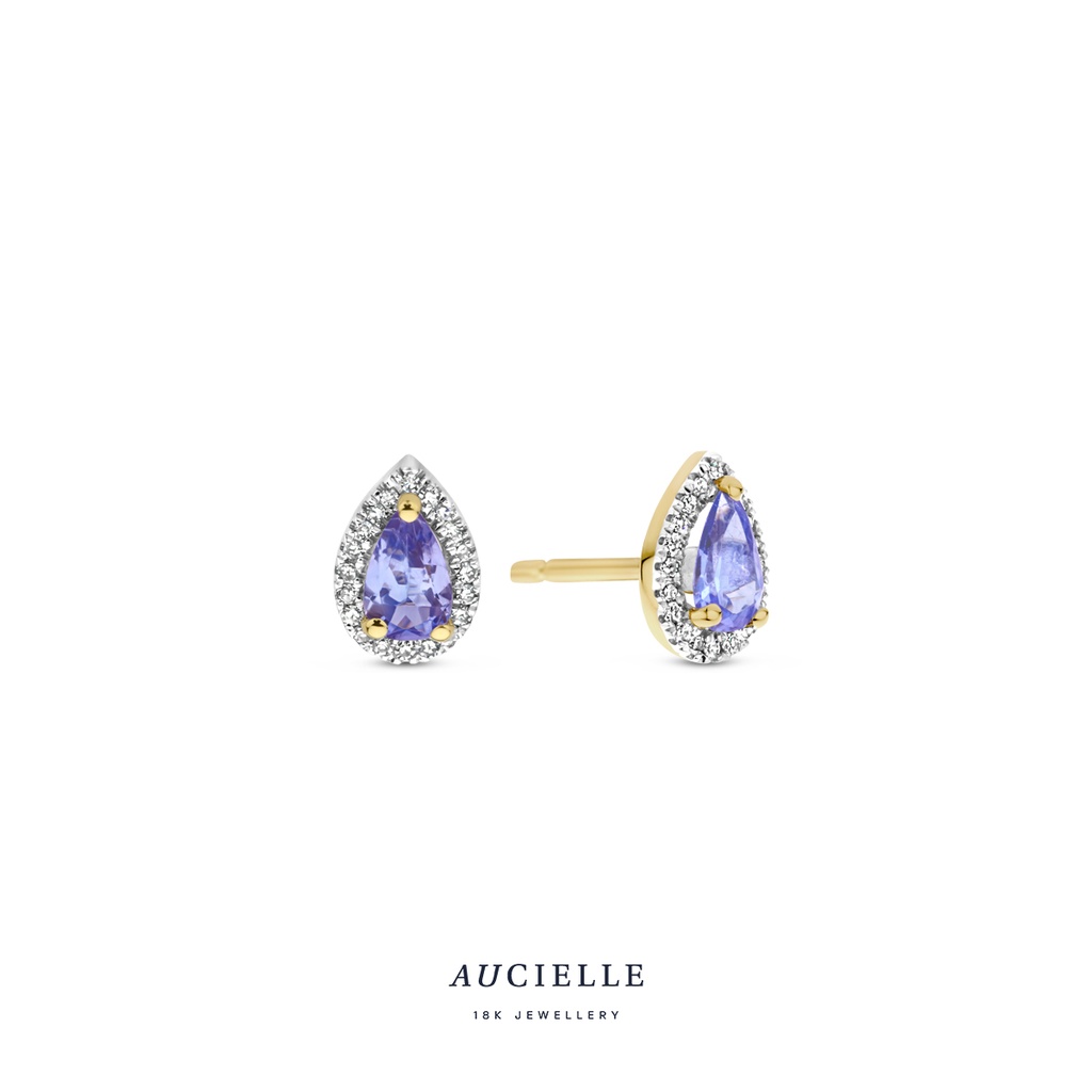 Boucles d'oreilles poire entourage Or Jaune 18K avec diamants de 0.06ct et Tanzanite