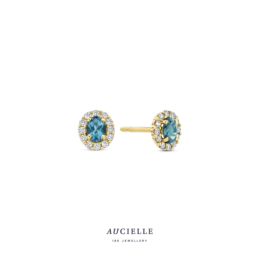 Boucles d'oreilles entourage Or Jaune 18K 0.15ct avec diamants de 0.42ct et London Blue Topaze