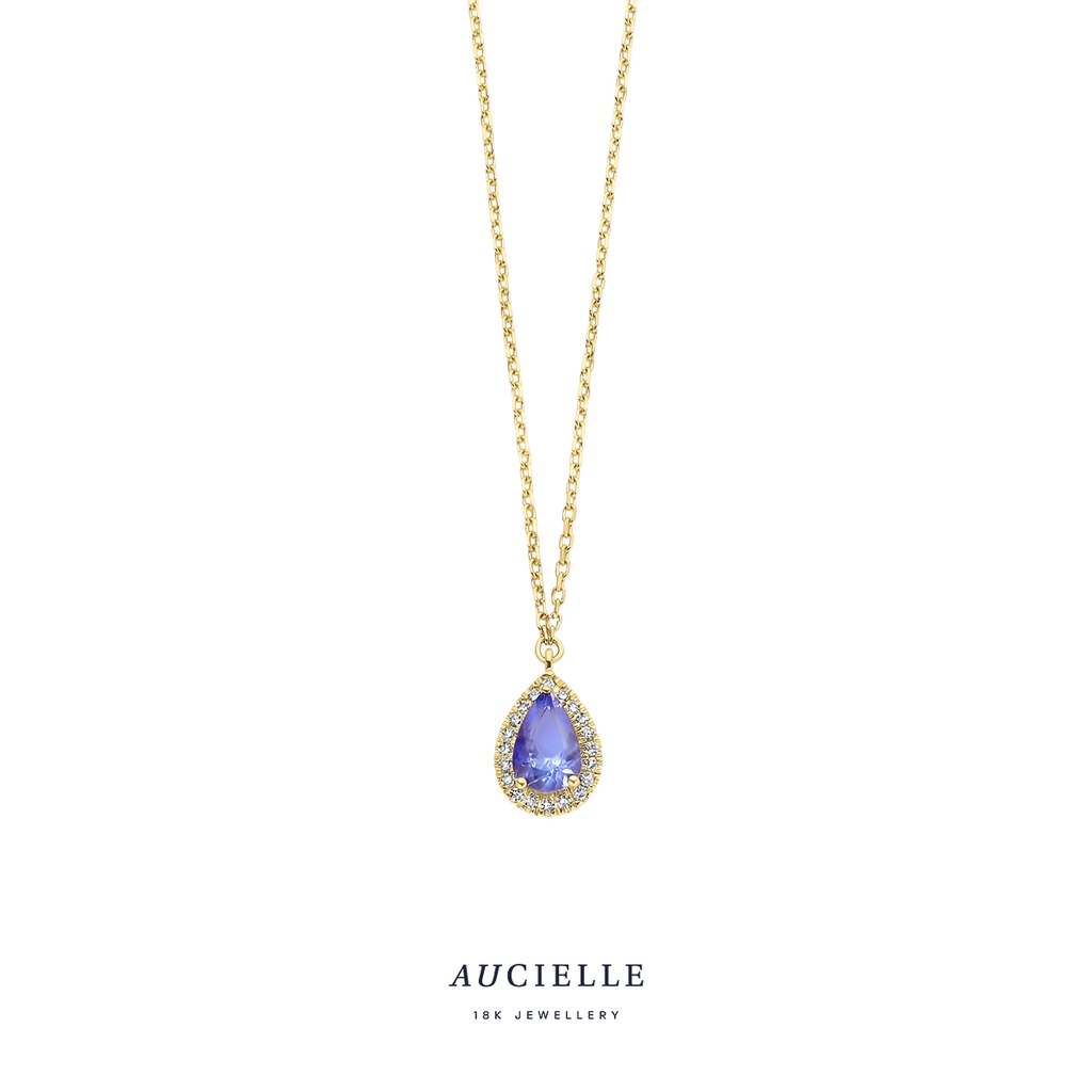 Collier poire entourage Or Jaune 18K avec diamants de 0.05ct et 0.35ct de Tanzanite 45 cm