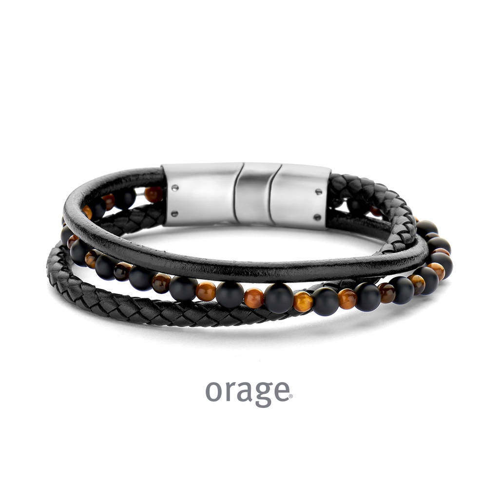 Bracelet pour hommes en acier inoxydable et cuir noir 22cm (BA167)