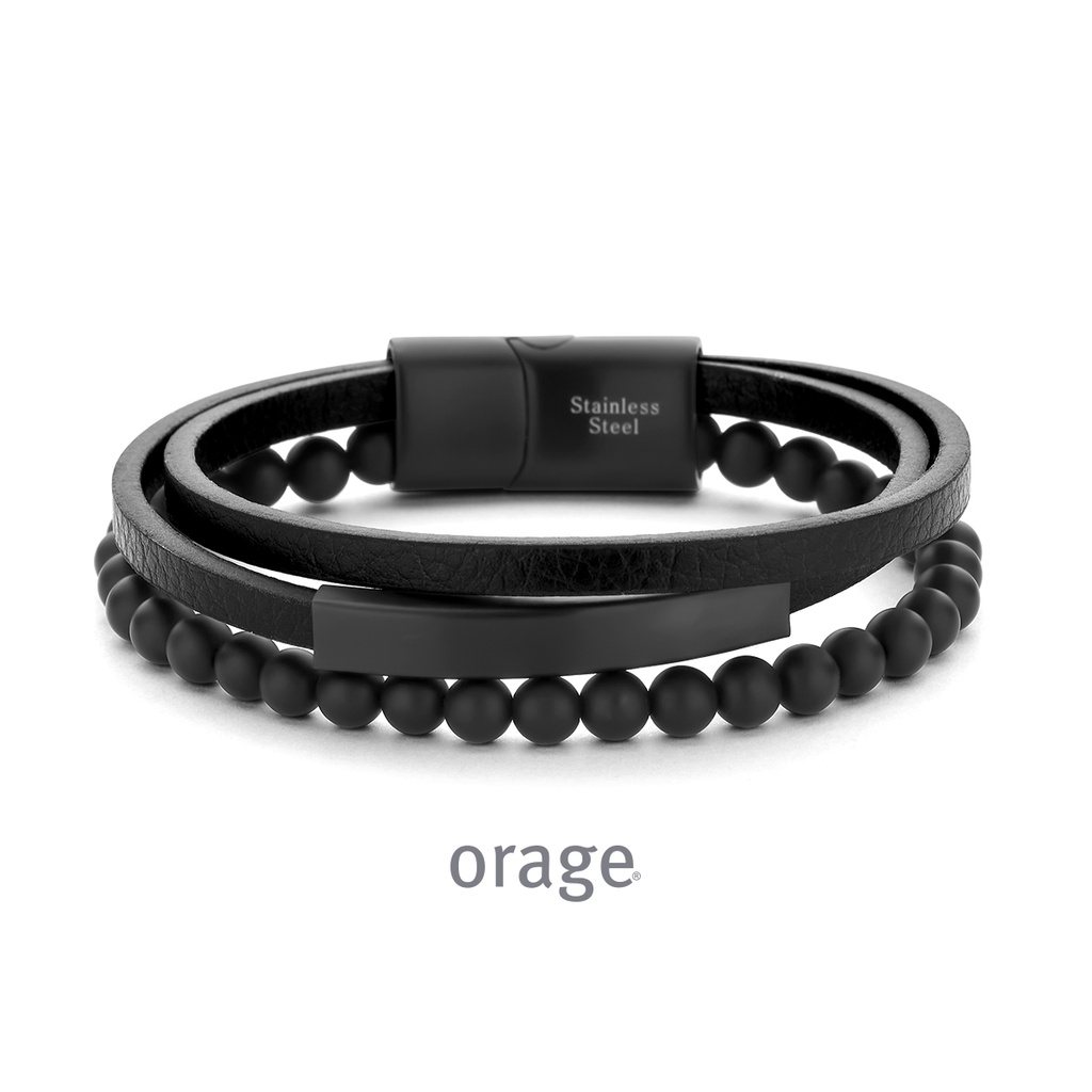 Bracelet en cuir noir avec fermoir en acier noir 21cm (BA168)