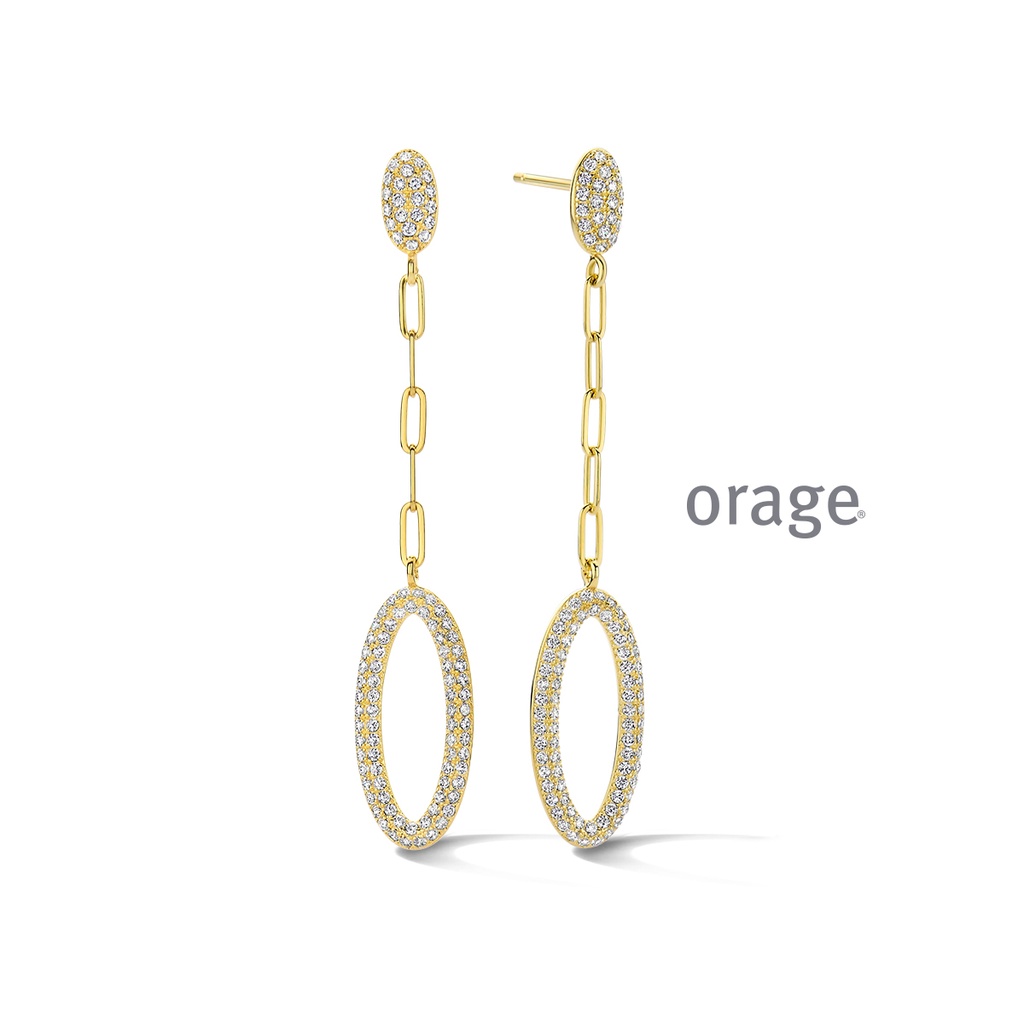 Boucles d'oreilles pendantes ovales plaqué or jaune & Oxyde de zirconium (BA194)