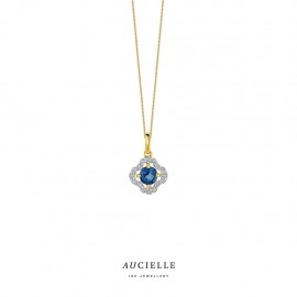 Pendentif fleur en Or Jaune 18k, London Blue Topaze et Diamant de 0.06ct