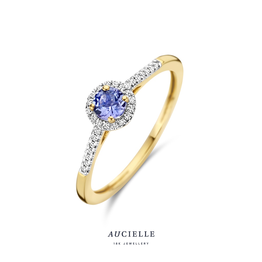 Bague ronde entourage en Or Jaune 18K 
 avec Tanzanite et Diamants de 0.075 carats (52-56) [AR0064D]