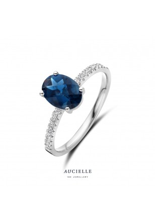 Bague en Or Blanc 18K avec Topaze London Blue ovale et Oxydes de Zirconium taille brillant (52-58) [AR0081W]