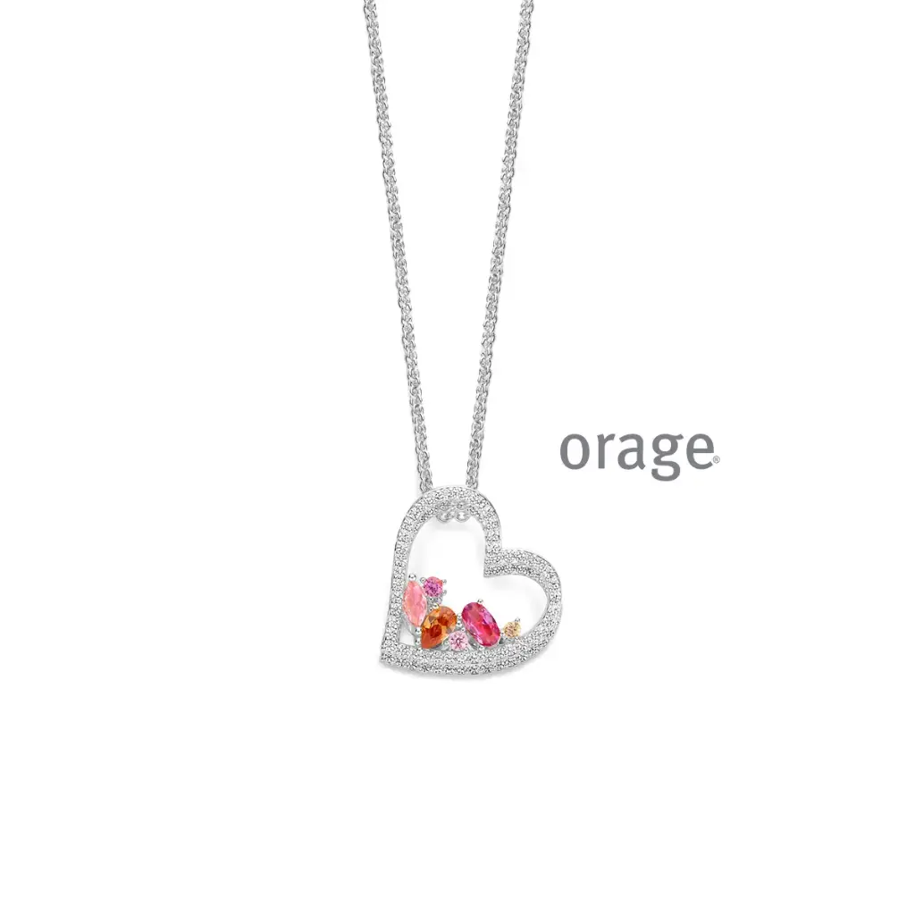 Collier coeur rouge et rose en argent rhodié et oxyde de zirconium 45cm (BA229)