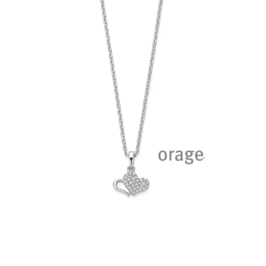 Collier double coeur en argent rhodié et oxyde de zirconium 45cm (BA230)