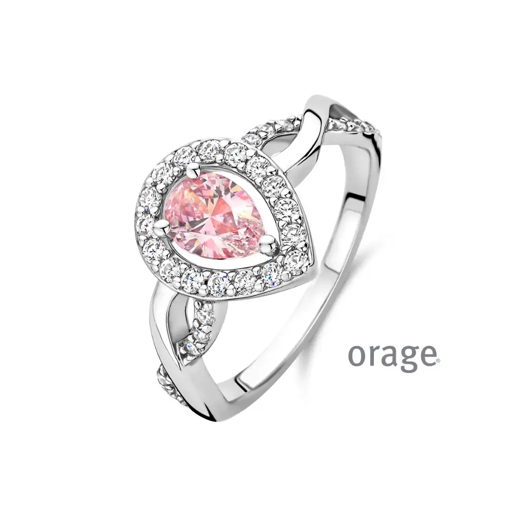 Bague en argent rhodié, morganite et oxyde de zirconium (50-58) (BA246)