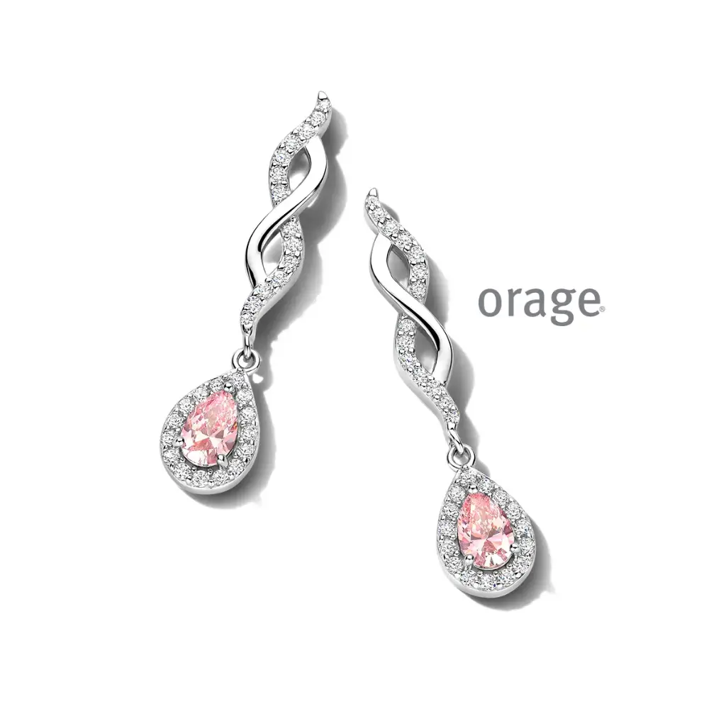 Boucles d'oreilles pendantes en argent rhodié, morganite et oxyde de zirconium (BA247)