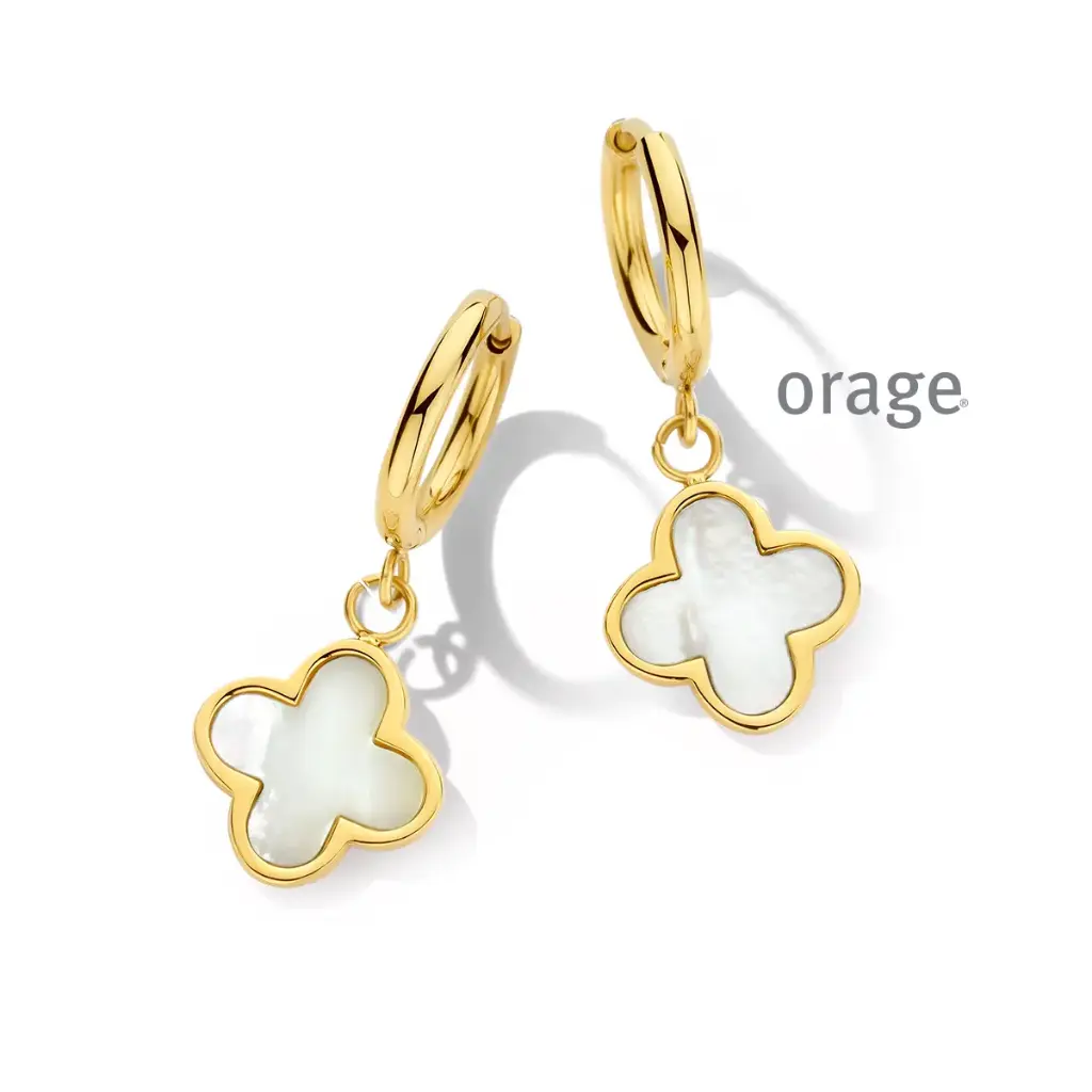 Boucles d'oreilles trèfles à 4 feuilles en acier jaune et nacre (BA257)