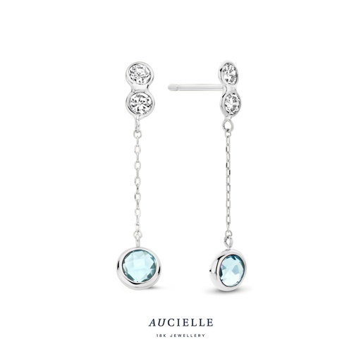 [AE0012W] Boucles d'oreilles Or Blanc 18K pendantes topaze bleu & Oxyde de zirconium