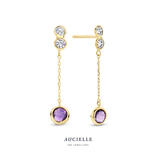 [AE0015C] Boucles d'oreilles Or Jaune 18K pendantes améthyste & Oxyde de zirconium