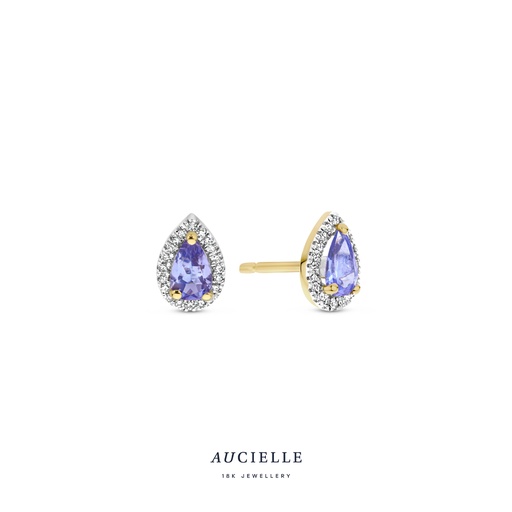 [AE0069D] Boucles d'oreilles poire entourage Or Jaune 18K avec diamants de 0.06ct et Tanzanite