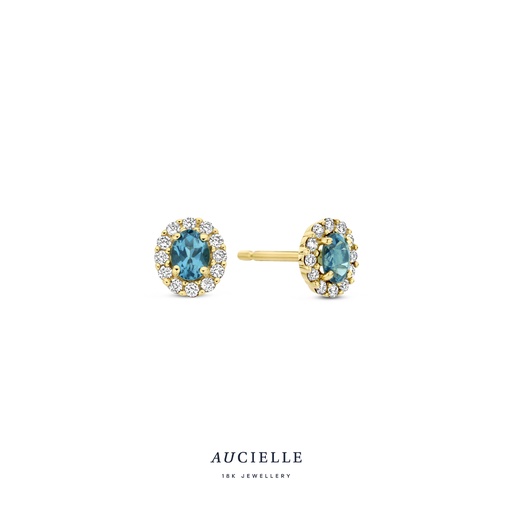 [AE0070D] Boucles d'oreilles entourage Or Jaune 18K 0.15ct avec diamants de 0.42ct et London Blue Topaze