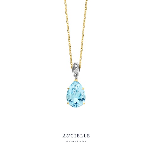 [AH0114D] Pendentif Poire en Or Jaune 18K, Topaze Bleue et diamant de 0,005 carats