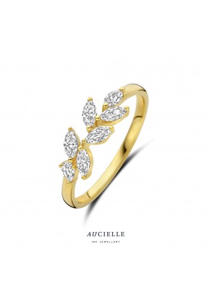 Bague feuille en Or Jaune 18K avec Oxydes de Zirconium taille Marquise (52-56) [AR0083C]